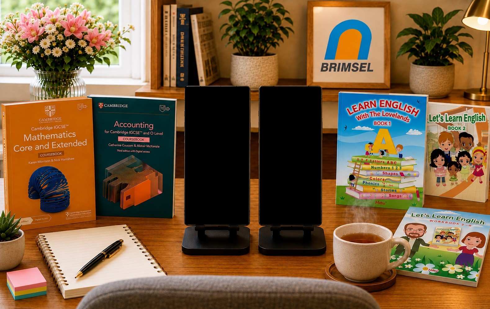 A cozy BRIMSEL study desk with two phones on stands, textbooks, a plant, flowers and a cup of tea
